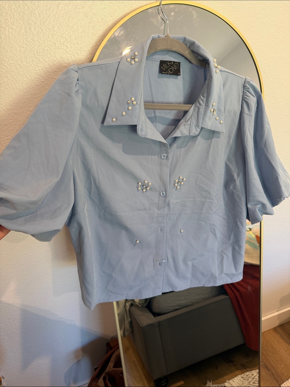 Embellished Light Blue Button-Down Shirt
